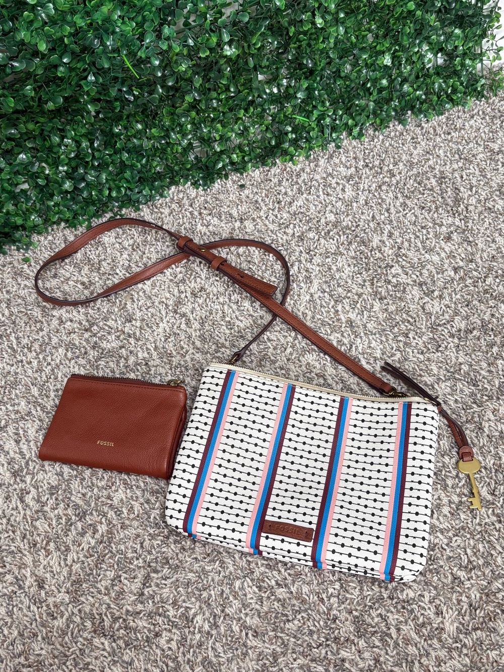 Fossil white Crossbody with Blue and Red Stripes and Brown Leather wallet set